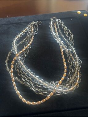Multi-Strand Clear Crystal and Gold Bead Necklace - Women Jewelry